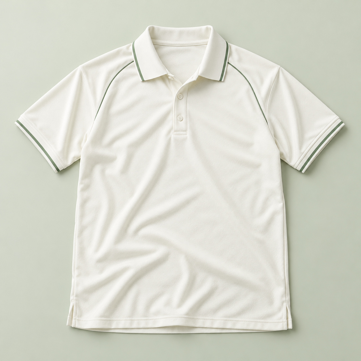 Off-white cricket polo shirt with subtle sage trim