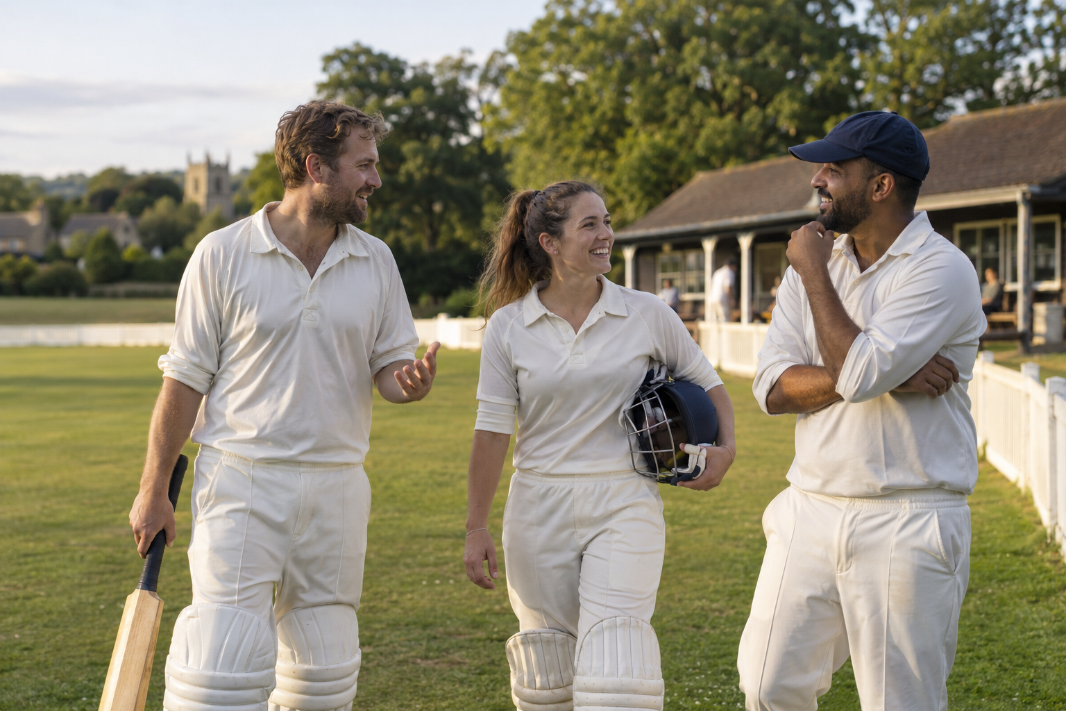 Adult amateur cricketers talking together beside a village ground