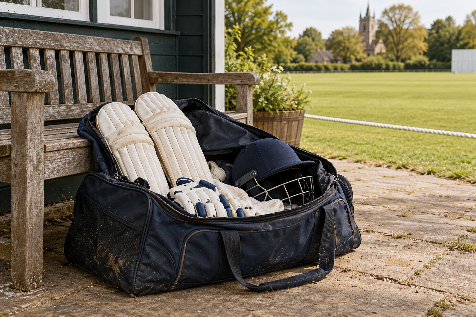 Cricket pads and a helmet arranged beside a kit bag at a pavilion