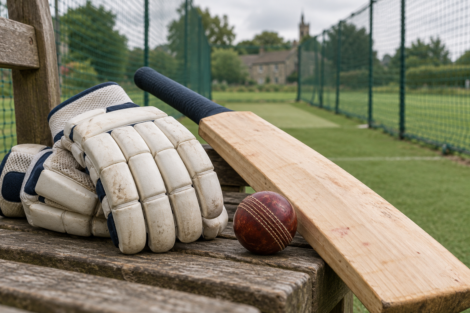Batting gloves and a willow bat beside cricket practice nets