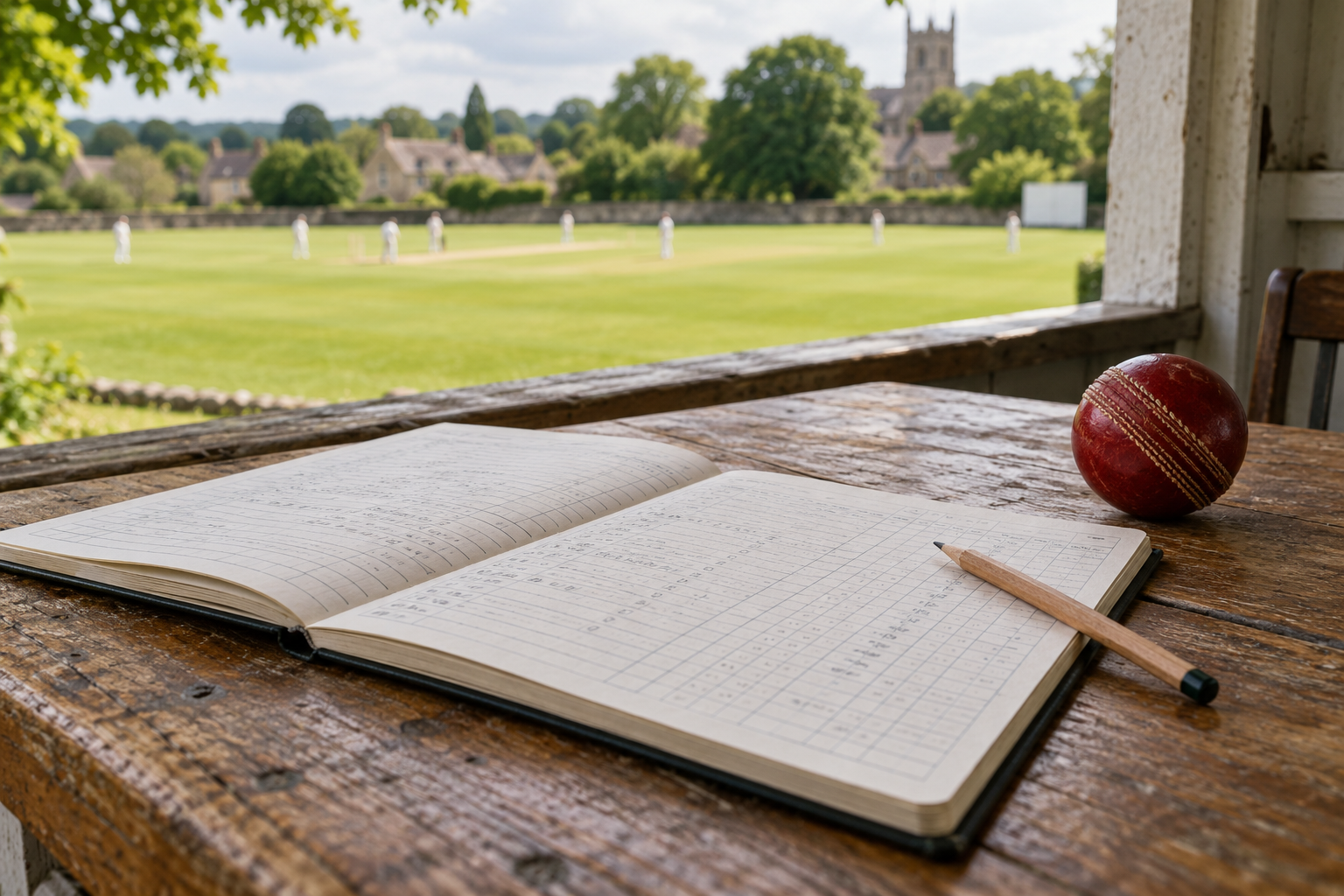 A cricket scorebook and red ball resting on a pavilion table