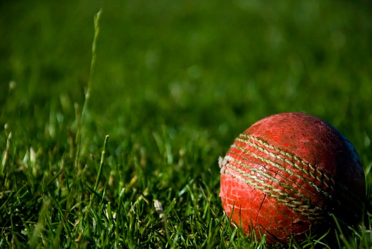 Close view of a worn red cricket ball on grass