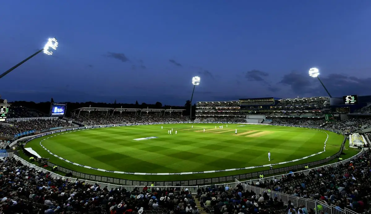 Cricket field illuminated for an evening match